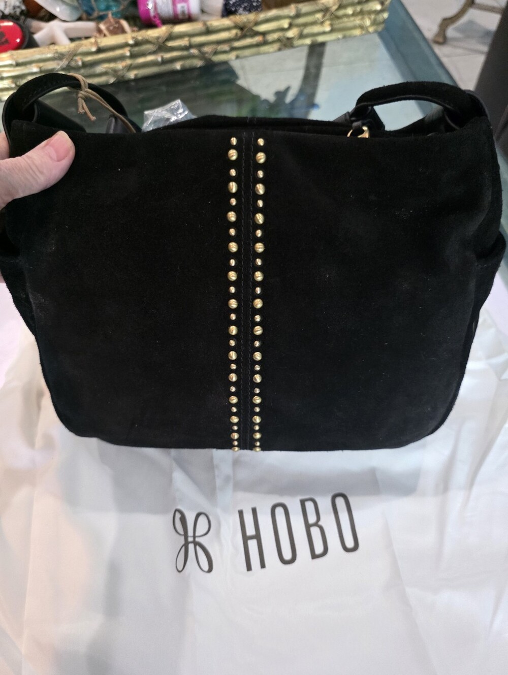 Nwt HOBO Black Suede Hobo Bag with Gold Stud Trim